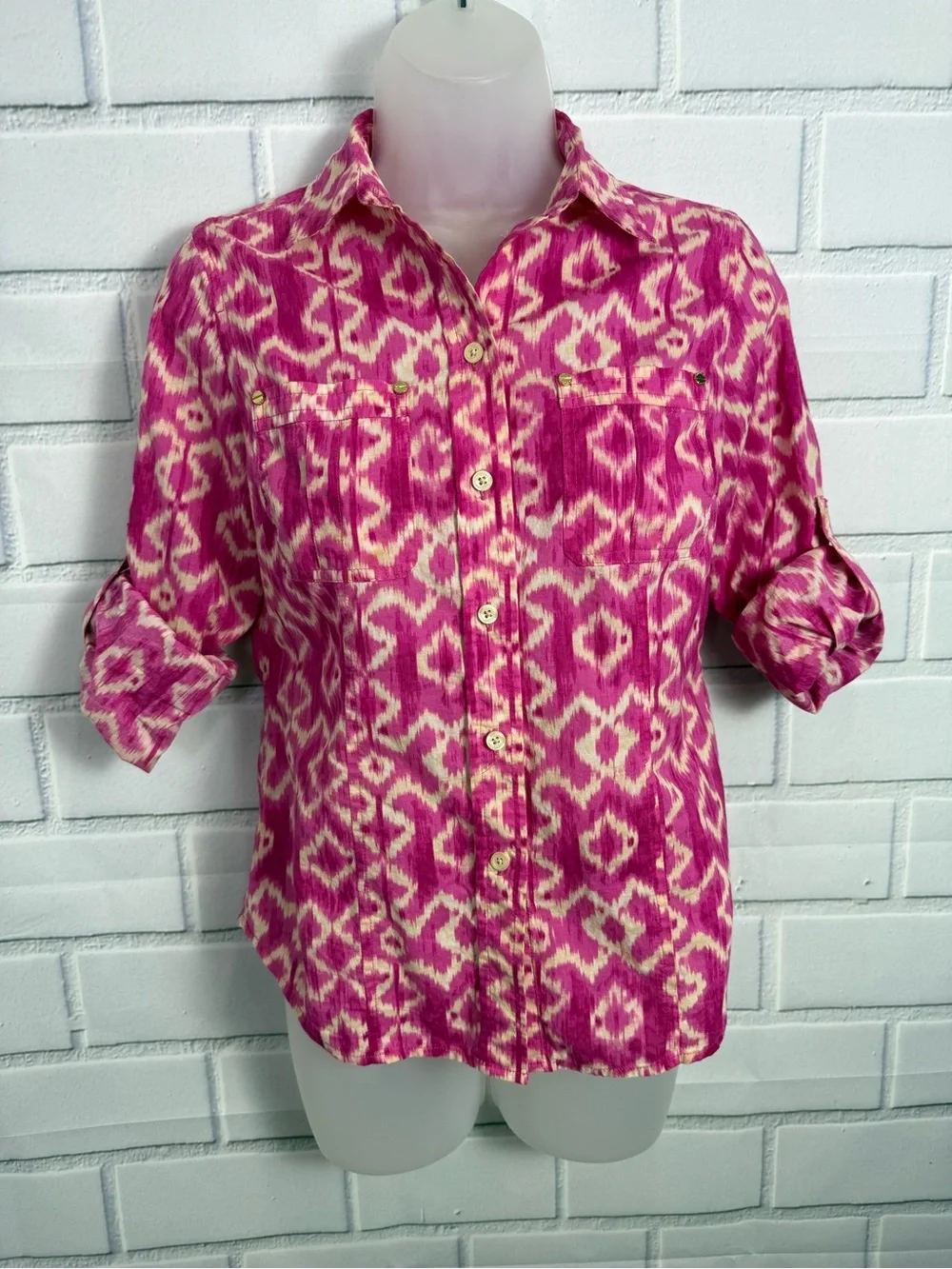 Michael Kors Pink Ikat Print Button Front Shirt Petite P